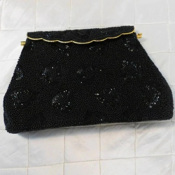 Black Beaded Satin Evening Bag  Vintage 1950s Clutch Hearts Leaf Design Elegant - Picture 2 of 10